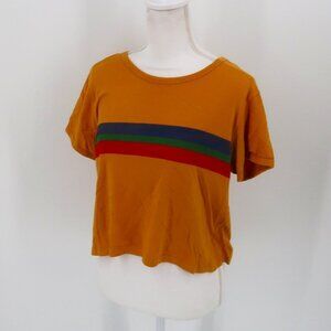 Cropped Love Peace & Lazy Days Mustard Yellow w Red Green Blue Stripes T-Shirt M